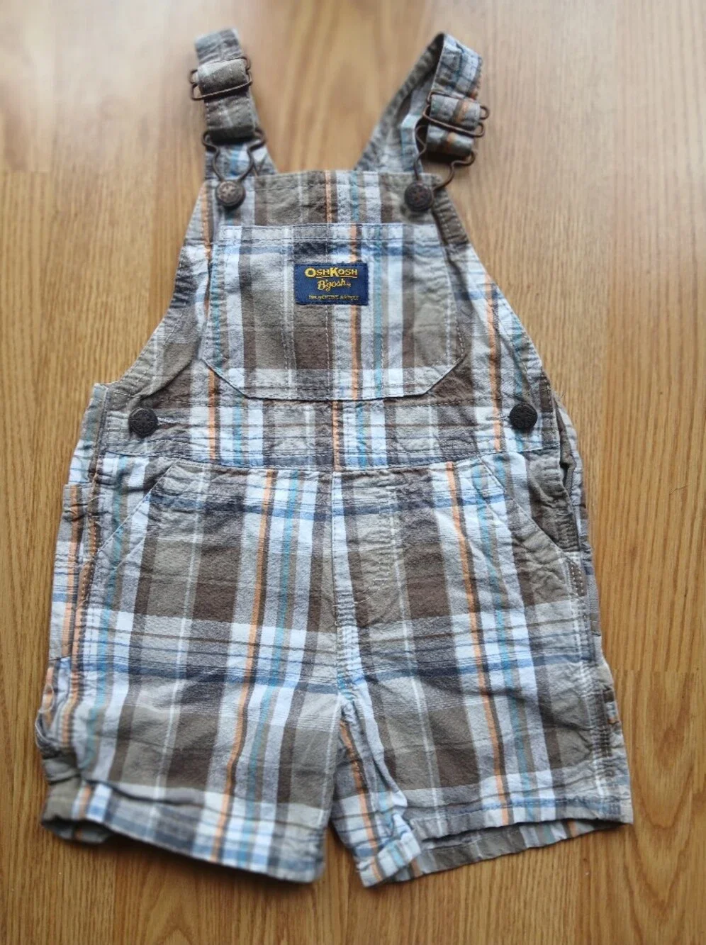 OshKosh B'gosh Brown, Blue & Tan Plaid Shortalls